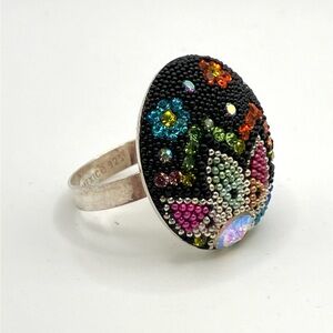 Micro Beaded Mosaic Ring Mexico 925 Sterling Flower Design